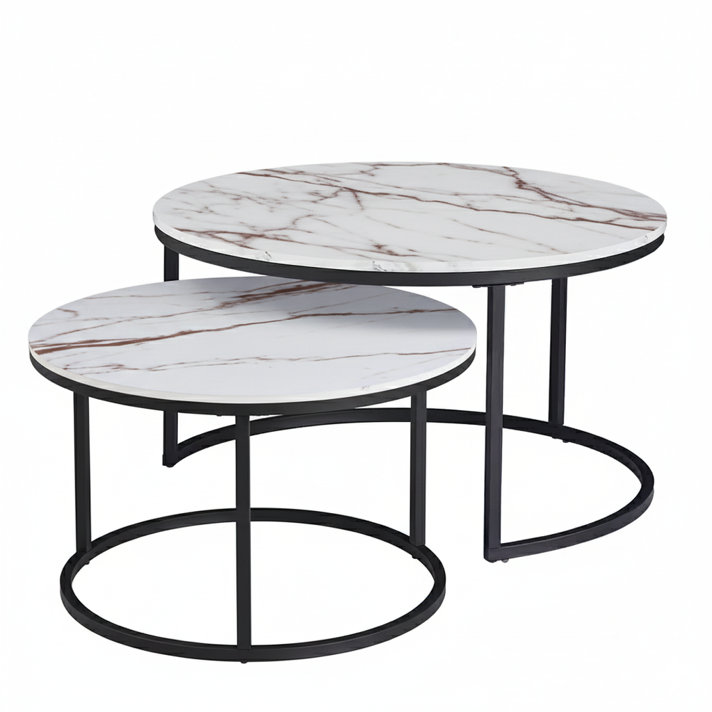 Set 2 măsuțe de cafea cu efect marmură, diametru 80/60 cm, Alb