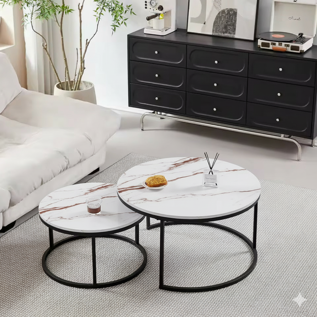 Set 2 măsuțe de cafea cu efect marmură, diametru 80/60 cm, Alb