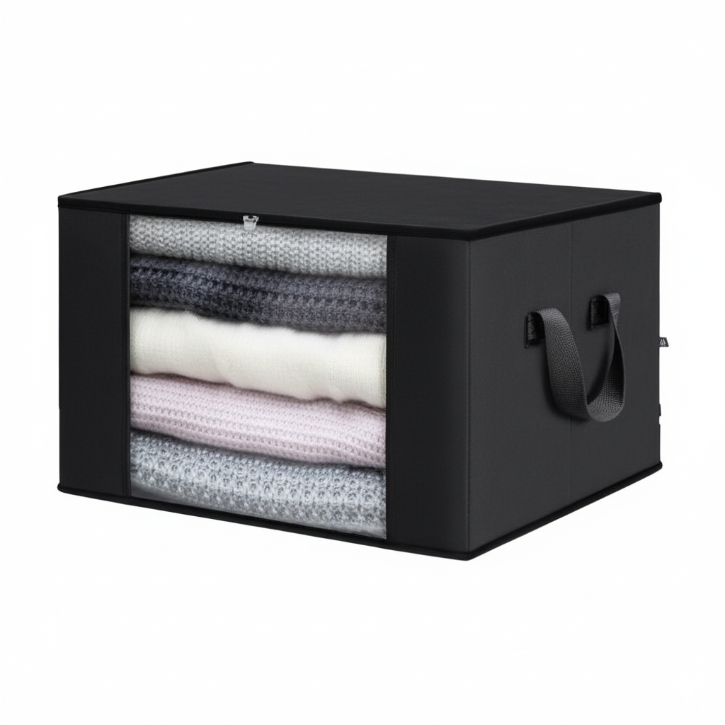 Cutie mare pentru depozitare și organizare, pliabilă, cu fereastră transparentă și capac rezistent, negru