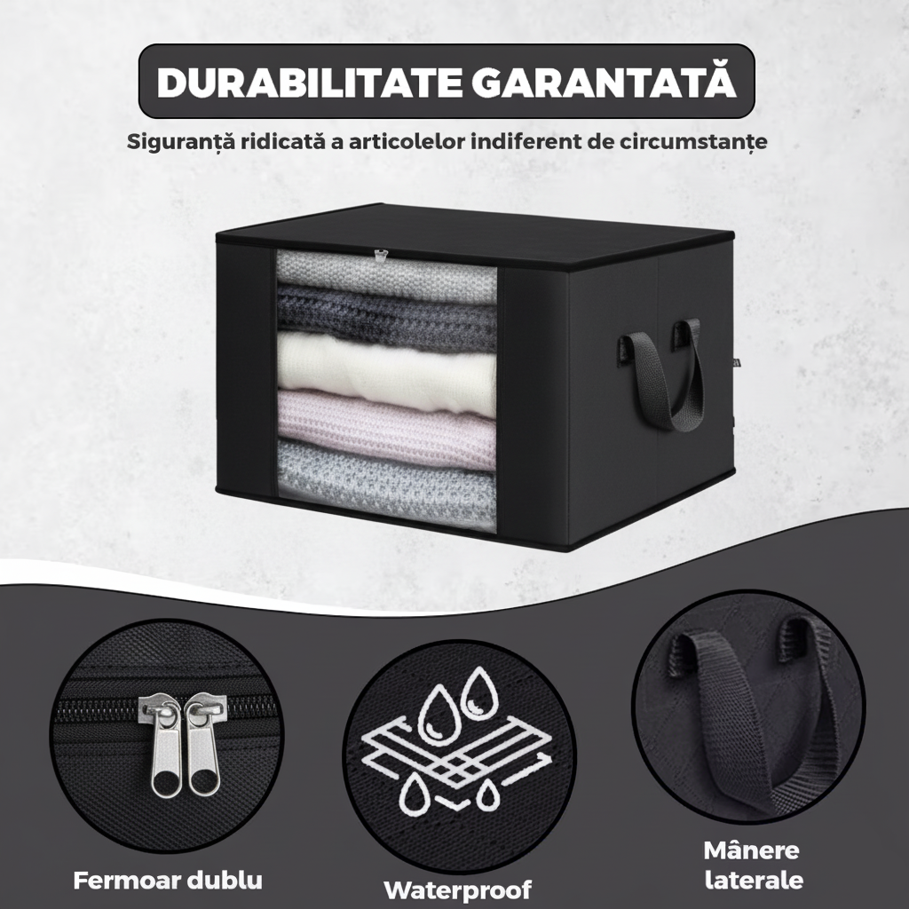 Cutie mare pentru depozitare și organizare, pliabilă, cu fereastră transparentă și capac rezistent, negru