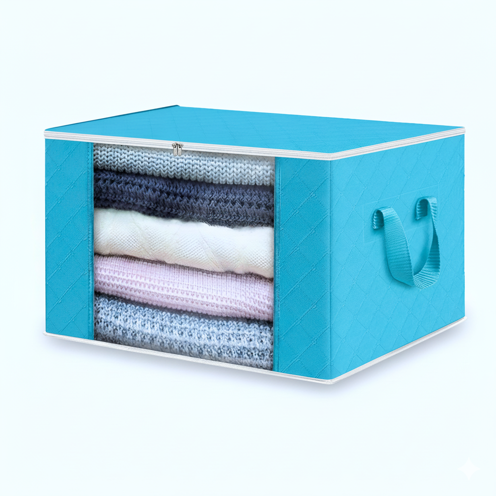 Cutie depozitare haine si lenjerii 105L albastră cu fermoar 70x 50x 30 cm