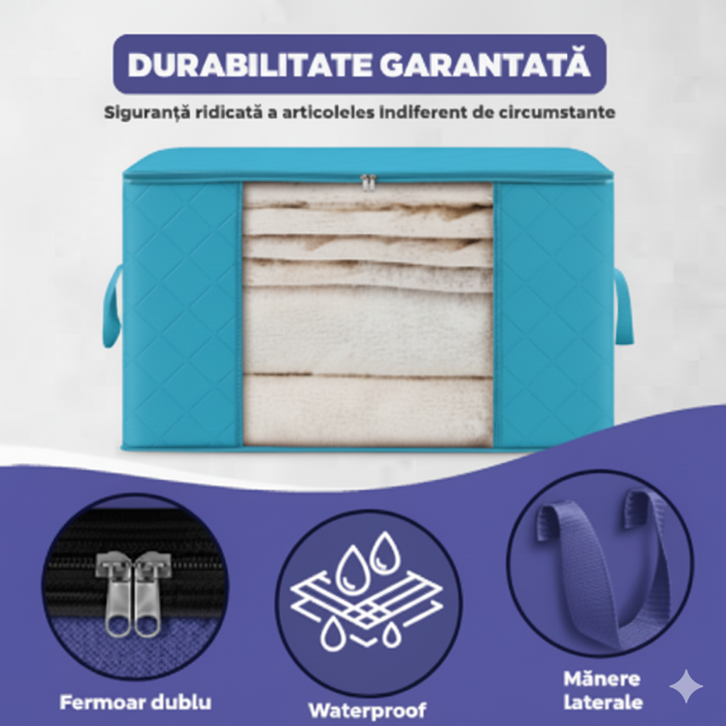 Cutie depozitare haine si lenjerii 105L albastră cu fermoar 70x 50x 30 cm