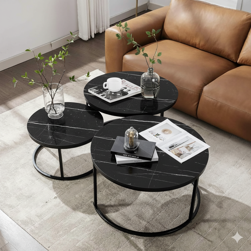 Set 2 măsuțe de cafea negre cu efect marmură, diametru 80/60 cm