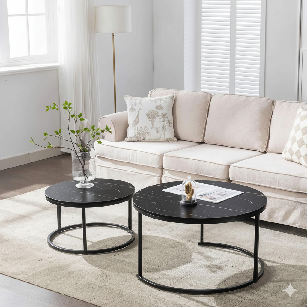 Set 2 măsuțe de cafea negre cu efect marmură, diametru 80/60 cm