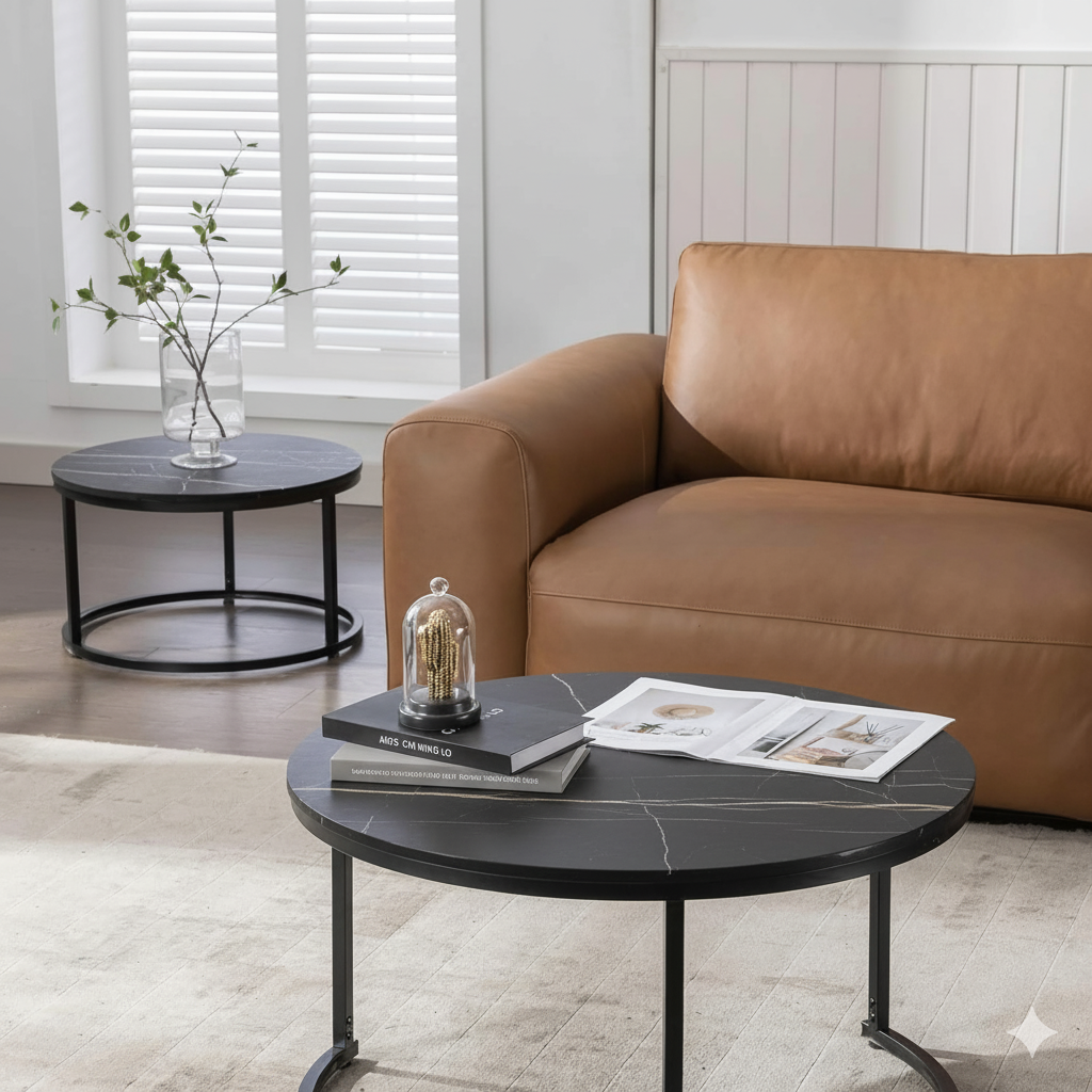 Set 2 măsuțe de cafea negre cu efect marmură, diametru 80/60 cm