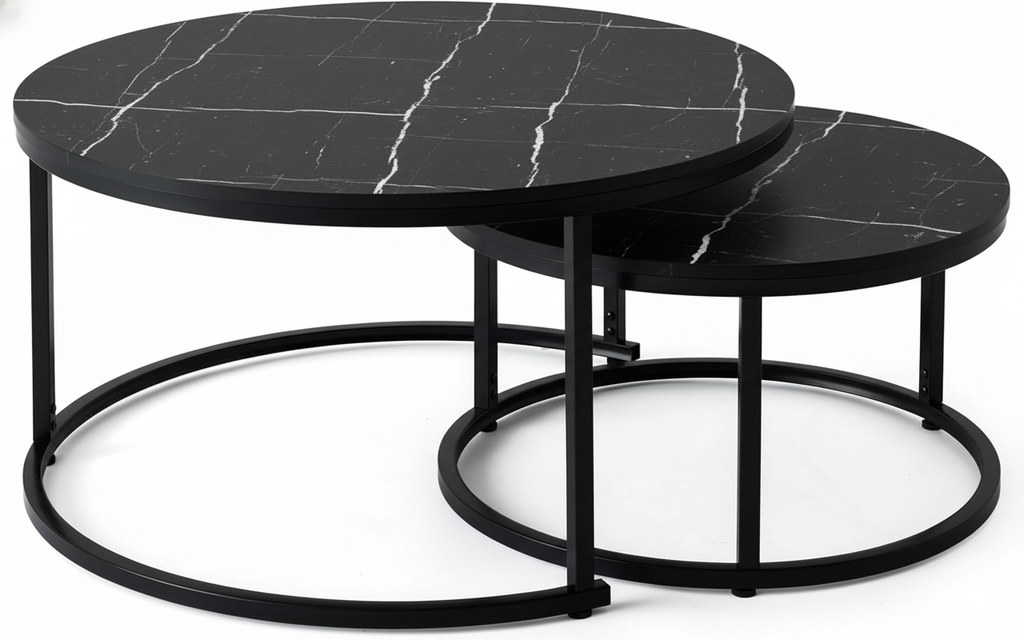 Set 2 măsuțe de cafea negre cu efect marmură, diametru 80/60 cm