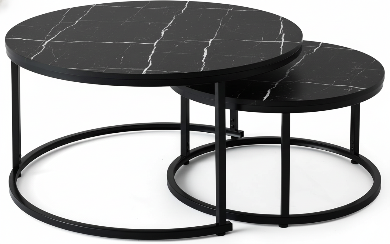 Set 2 măsuțe de cafea negre cu efect marmură, diametru 80/60 cm