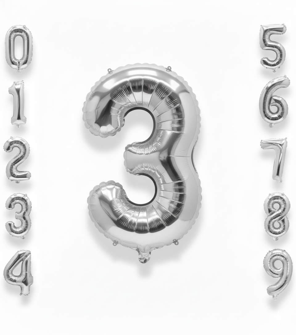 Balon din folie argintie, cifra aniversara 3, 90 cm