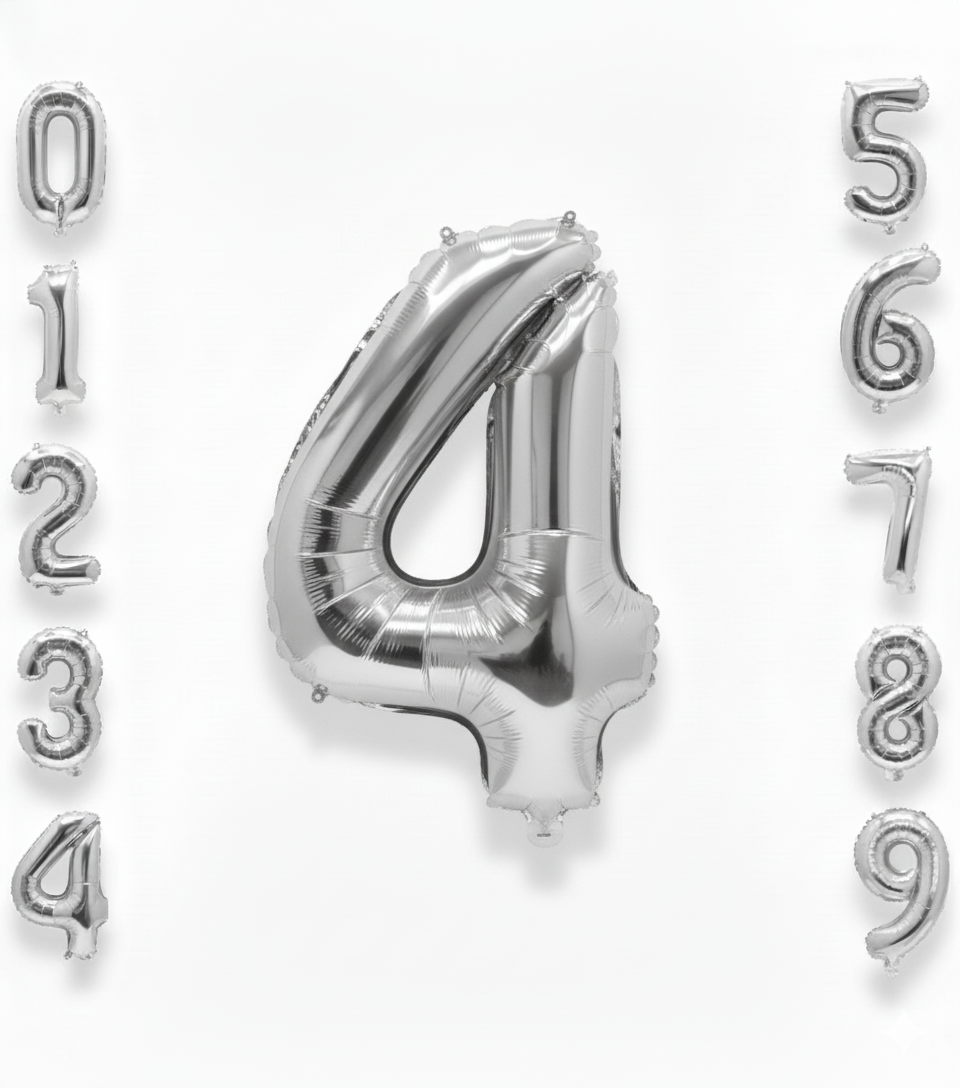 Balon din folie argintie, cifra aniversara 4, 80 cm