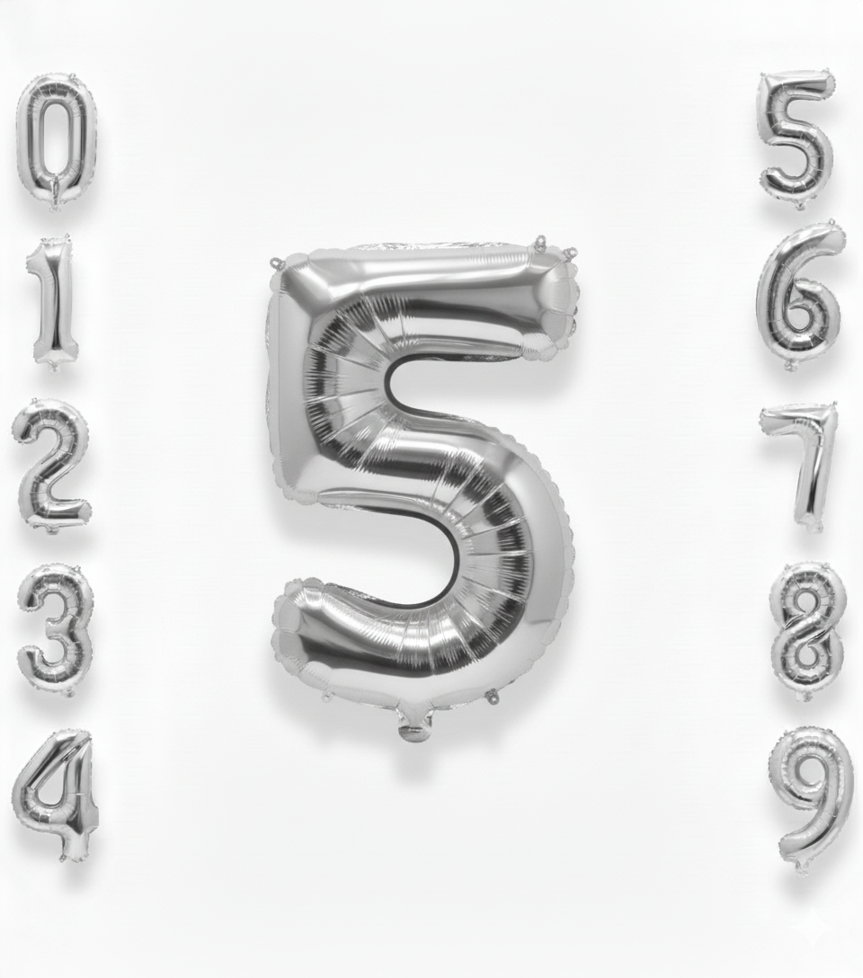 Balon din folie argintie, cifra aniversara 5, 90 cm