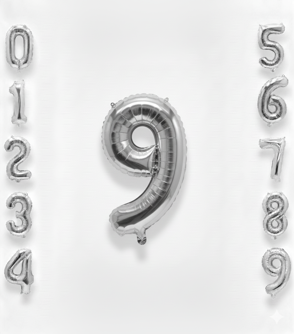 Balon din folie argintie, cifra aniversara 9, 90 cm