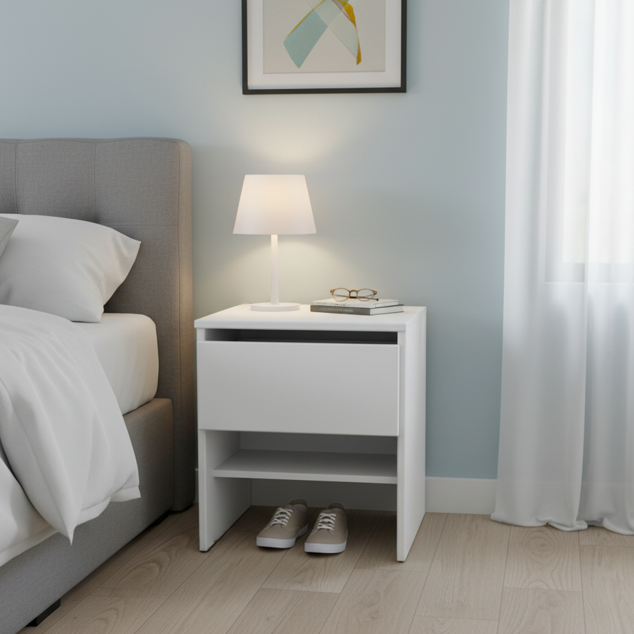 Noptieră modernă și elegantă, albă, cu sertar și raft deschis, variantă compactă pentru dormitor