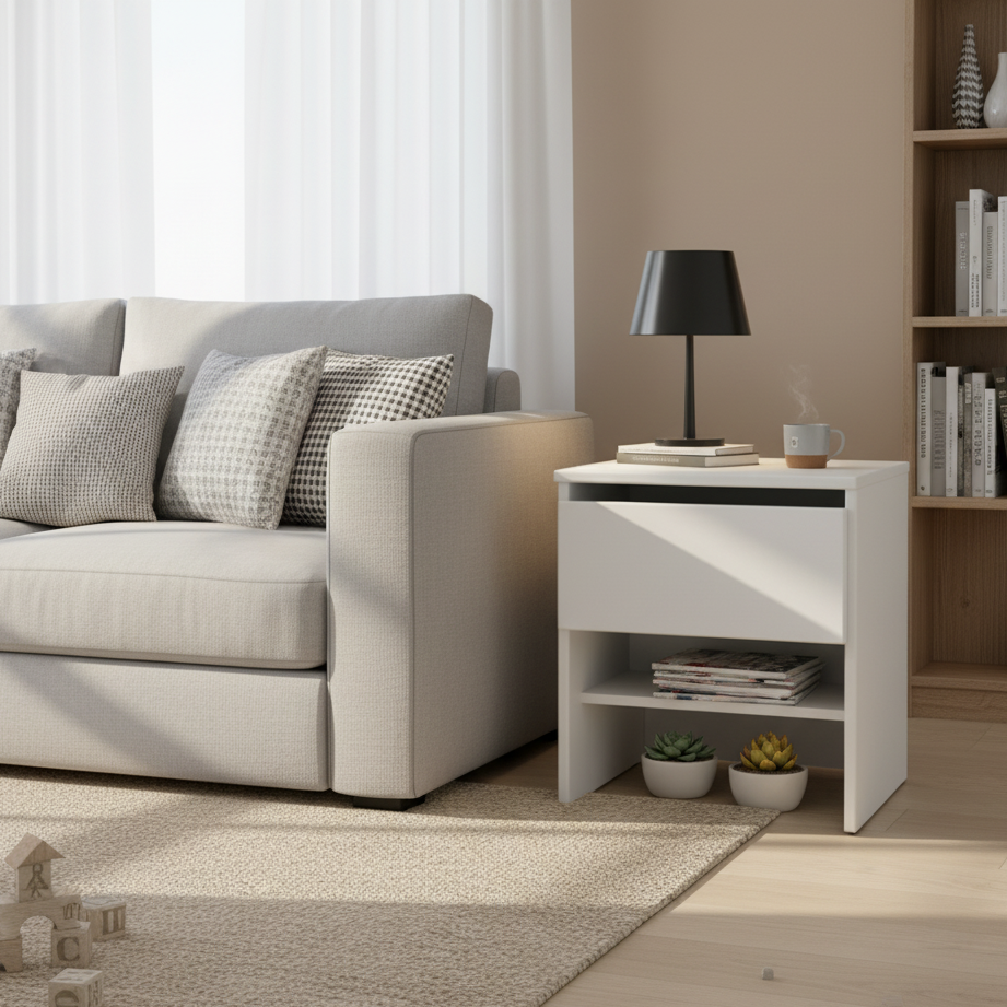 Noptieră modernă și elegantă, albă, cu sertar și raft deschis, variantă compactă pentru dormitor