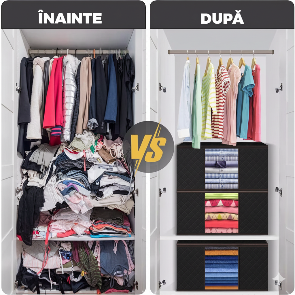 Cutie mare pentru depozitare și organizare, pliabilă, cu fereastră transparentă și capac rezistent, negru