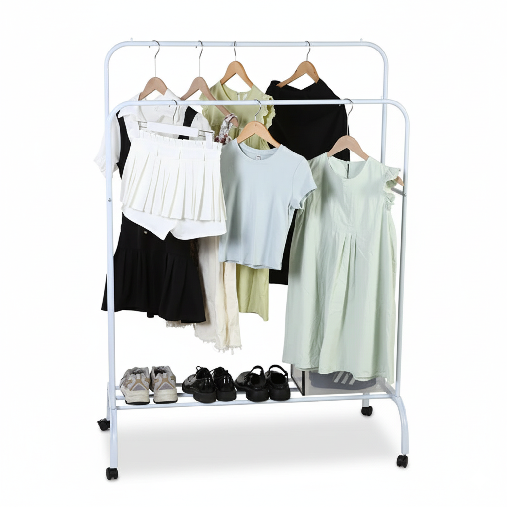 Suport dublu de umerașe pentru haine 150 x 110 x 54 cm - Cu Roti, Alb
