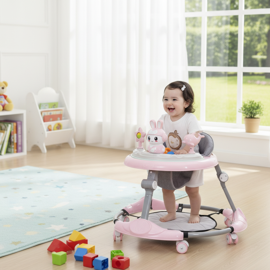 Premergator multifunctional pentru bebelusi, tava cu 3 jucarii si muzica, reglabil si pliabil, max 20 kg, 6–36 luni, roz