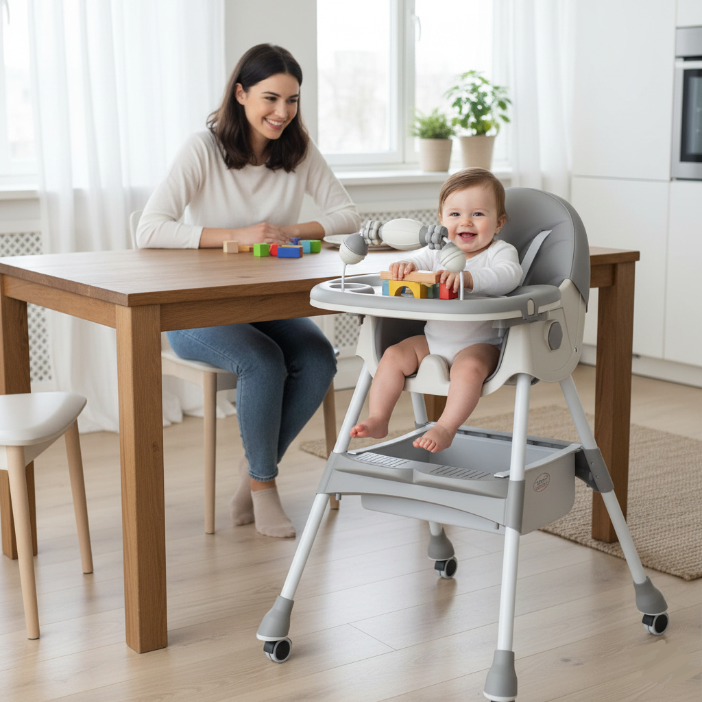 Scaun de masa 3 in 1 pentru bebelusi si copii, reglabil pe 3 niveluri, cu centura in 5 puncte si tavita detasabila, gri deschis