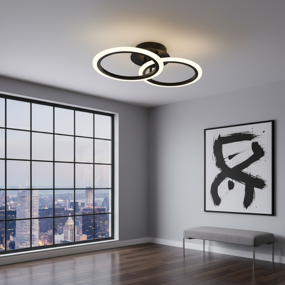 Lustra LED tavan 1+1 cercuri neagra, cu telecomanda, echivalent 300W, lustra rotunda moderna