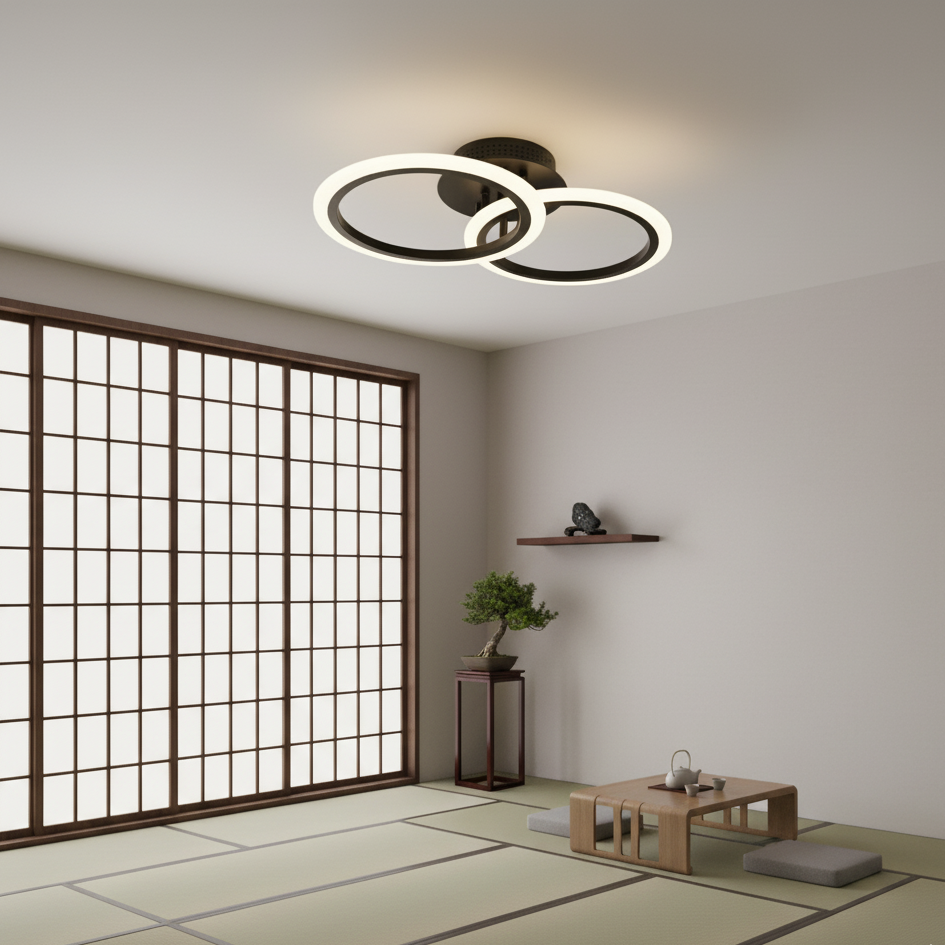 Lustra LED tavan 1+1 cercuri neagra, cu telecomanda, echivalent 300W, lustra rotunda moderna