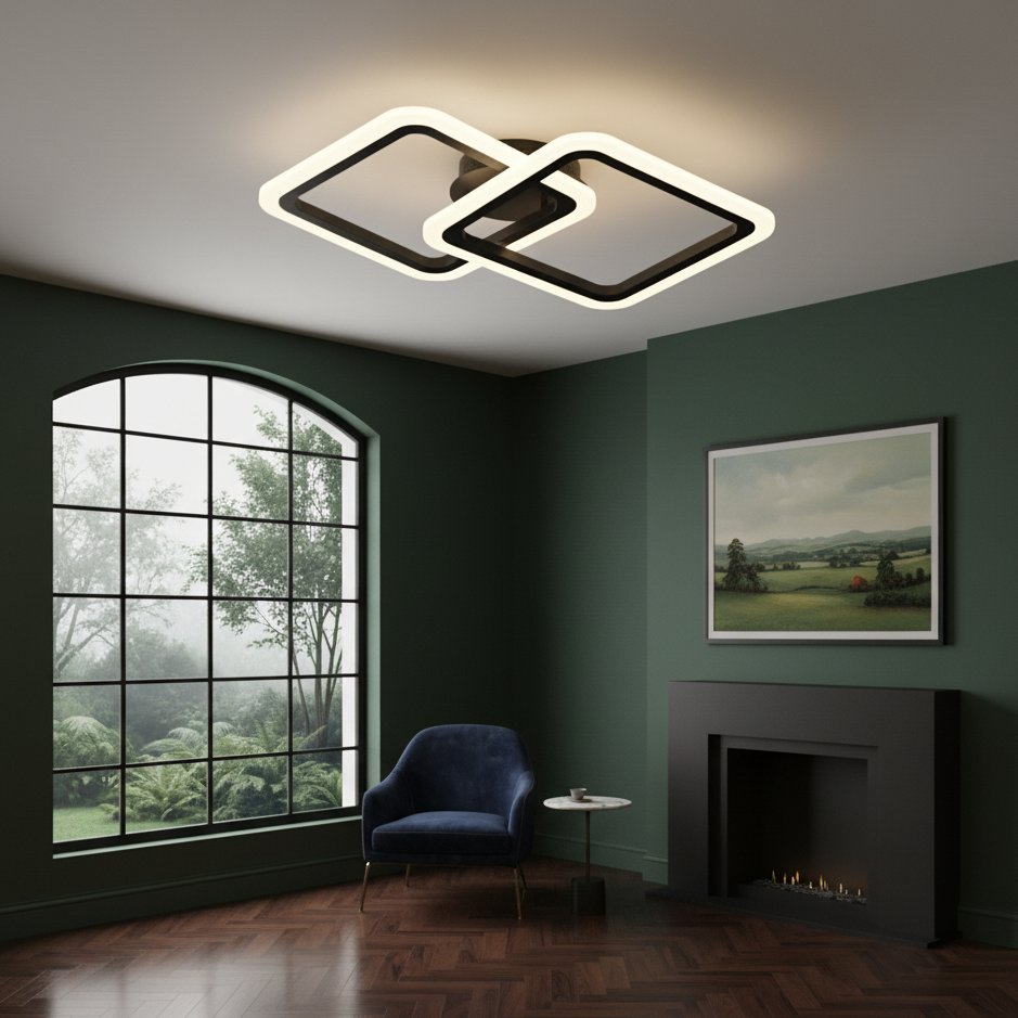 Lustra LED tavan 1+1 patrat neagra, cu telecomanda, echivalent 300W, lustra patrata moderna