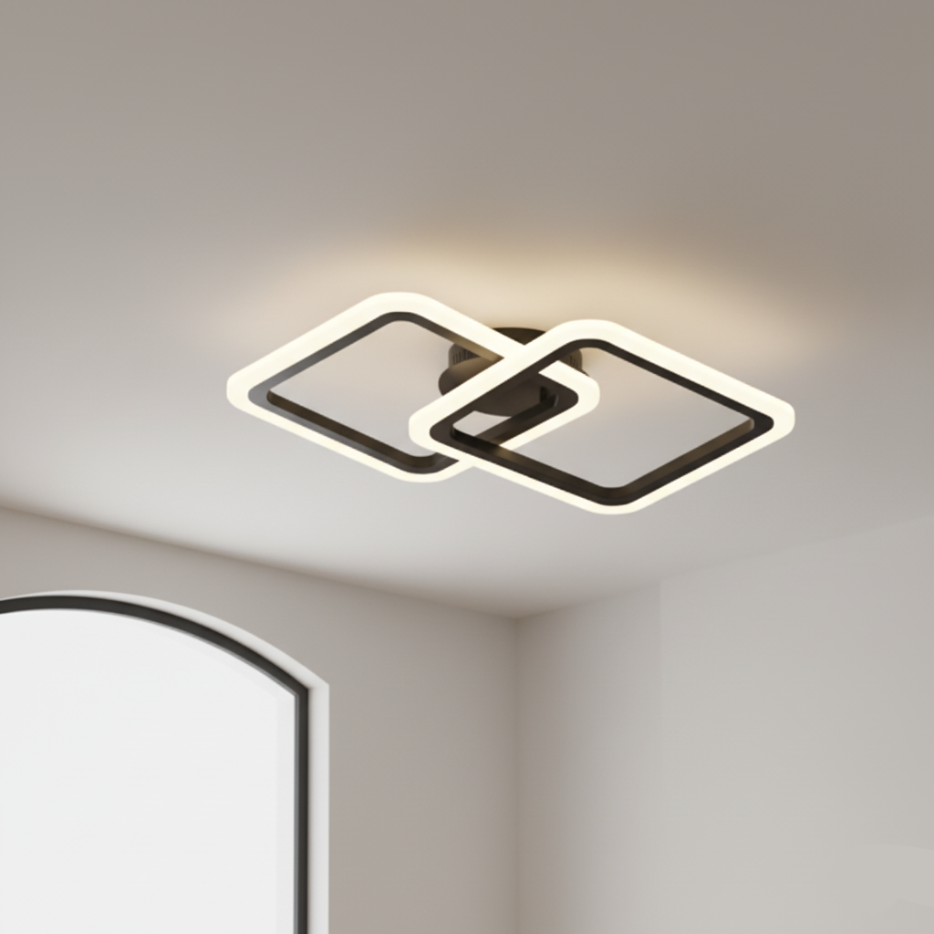 Lustra LED tavan 1+1 patrat neagra, cu telecomanda, echivalent 300W, lustra patrata moderna