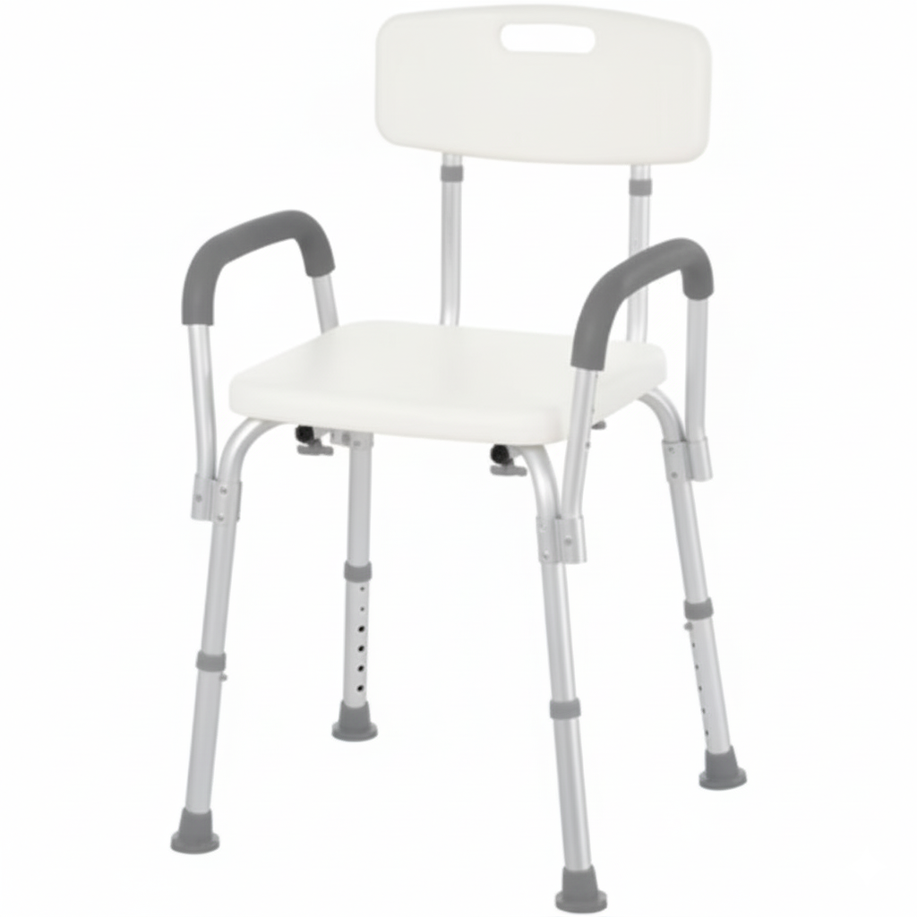 Scaun duș din aluminiu reglabil cu spătar și brațe 47x50x74–87 cm – Alb