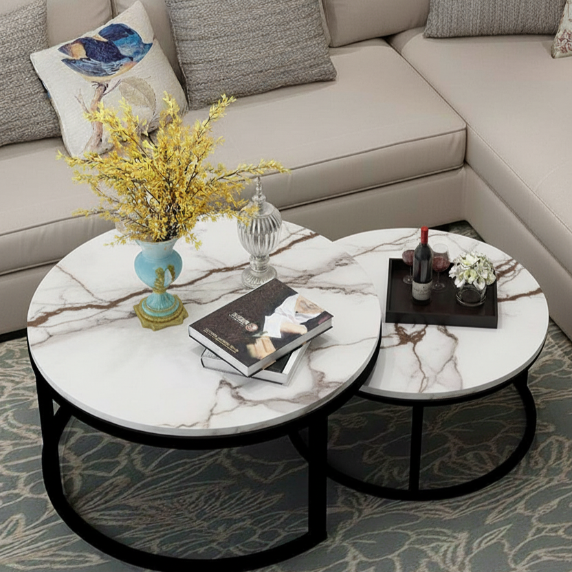 Set 2 măsuțe de cafea cu efect marmură, diametru 80/60 cm, Alb