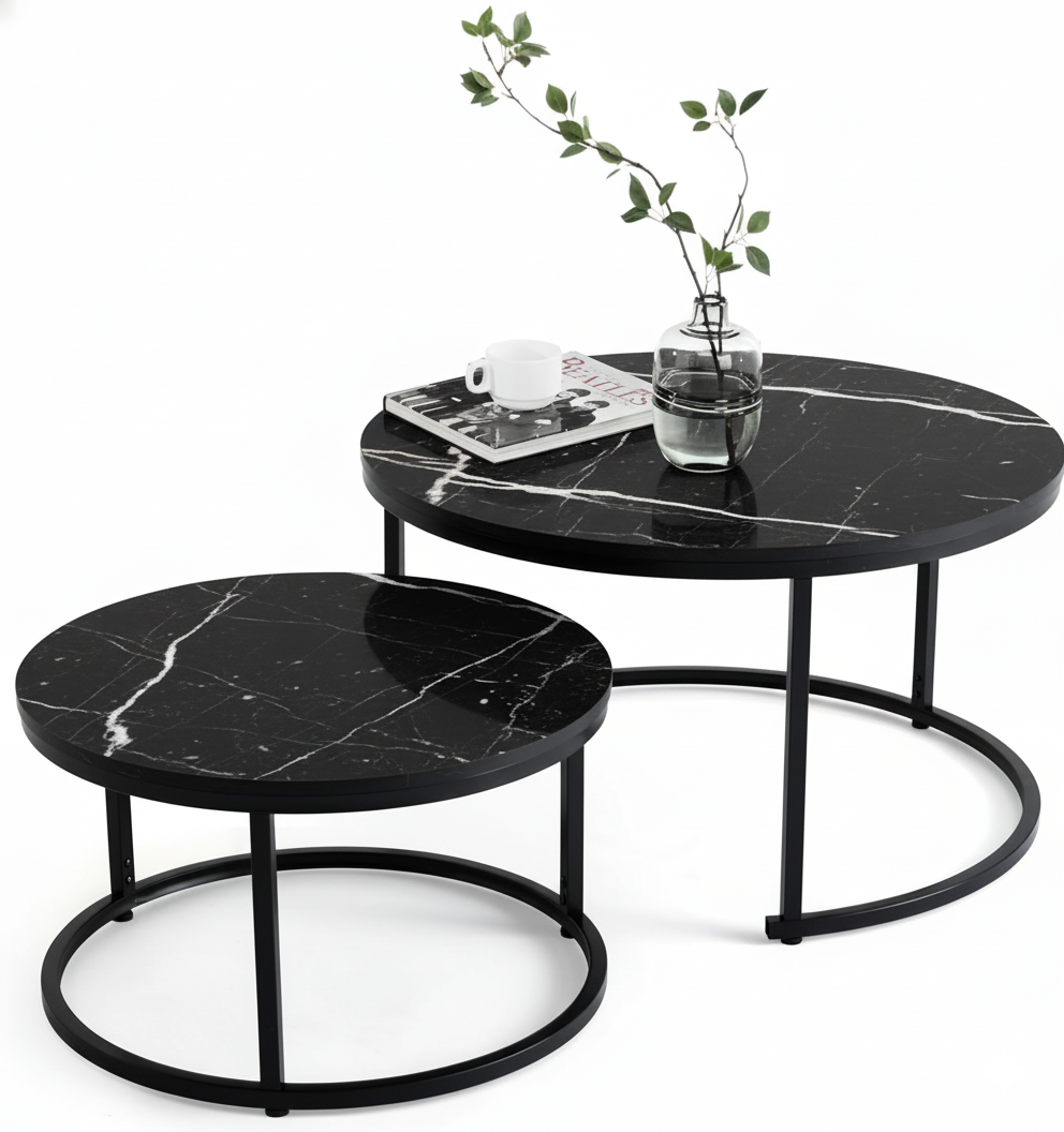 Set 2 măsuțe de cafea negre cu efect marmură, diametru 80/60 cm