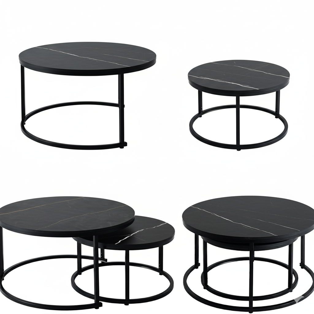 Set 2 măsuțe de cafea negre cu efect marmură, diametru 80/60 cm