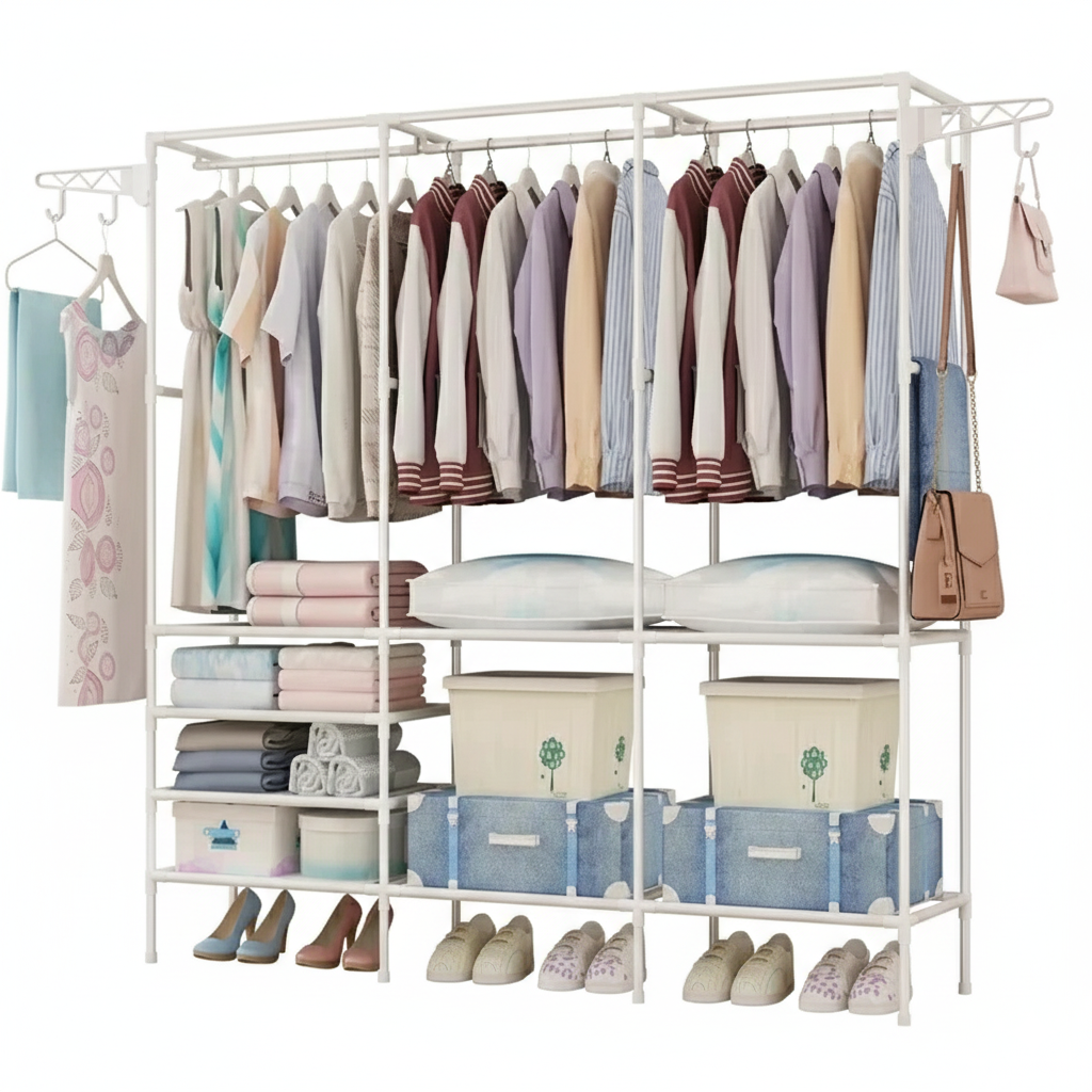 Dulap pliabil, structura metalica, rafturi multiple, alb, 162x43x173 cm