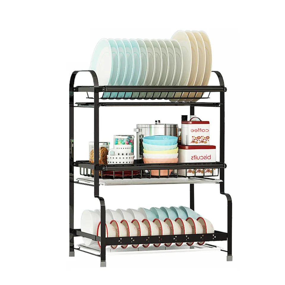 Scurgător vase pe 3 niveluri pentru organizare eficientă, din oțel inox 304, 42.5×25.5×61 cm, negru