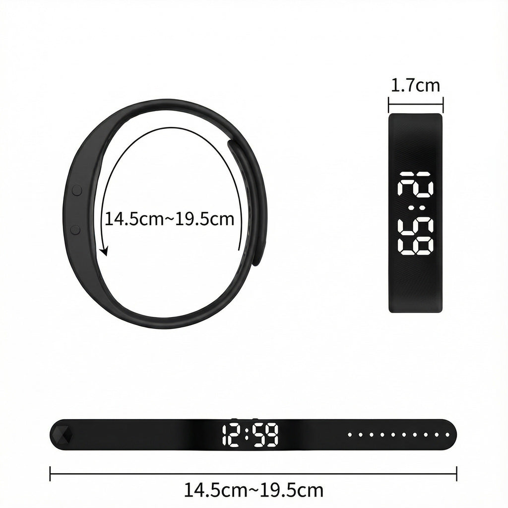 Brățară-ceas din silicon negru cu afișaj LED, cu cotele marcate: 14,5–19,5 cm circumferință și 1,7 cm lățime