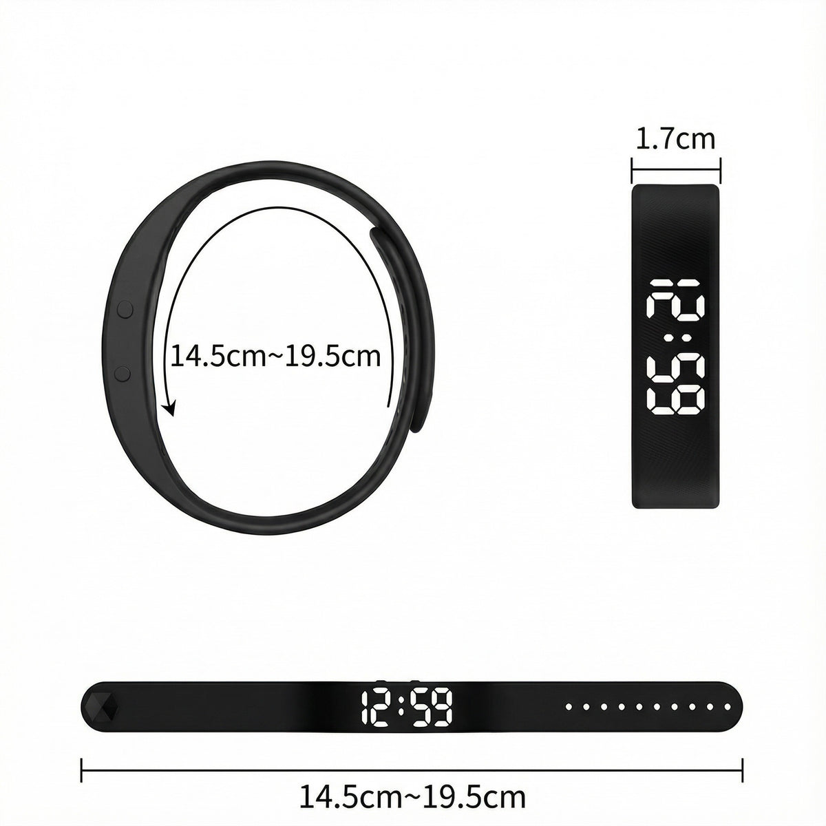 Brățară-ceas din silicon negru cu afișaj LED, cu cotele marcate: 14,5–19,5 cm circumferință și 1,7 cm lățime