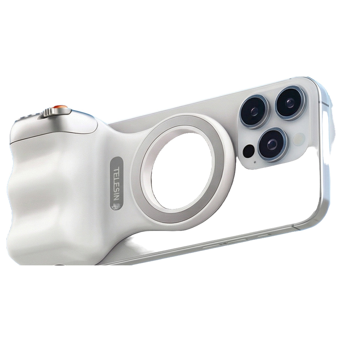Grip foto magnetic alb prins pe un telefon, pe fundal alb