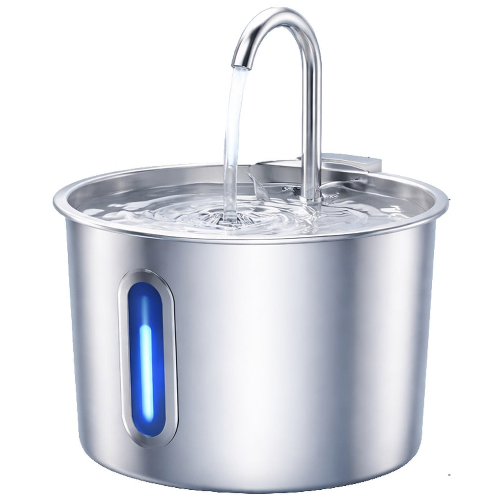 Fântână de apă din inox pentru pisici, cu gâtul curbat și fereastra luminoasă albastră, cu cotele marcate: 17,9 cm lățime și 11,8 cm înălțime