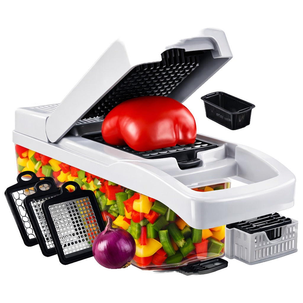 Tocător manual alb cu negru, cu recipient transparent plin de legume tăiate cuburi și lamele alături, pe fundal alb