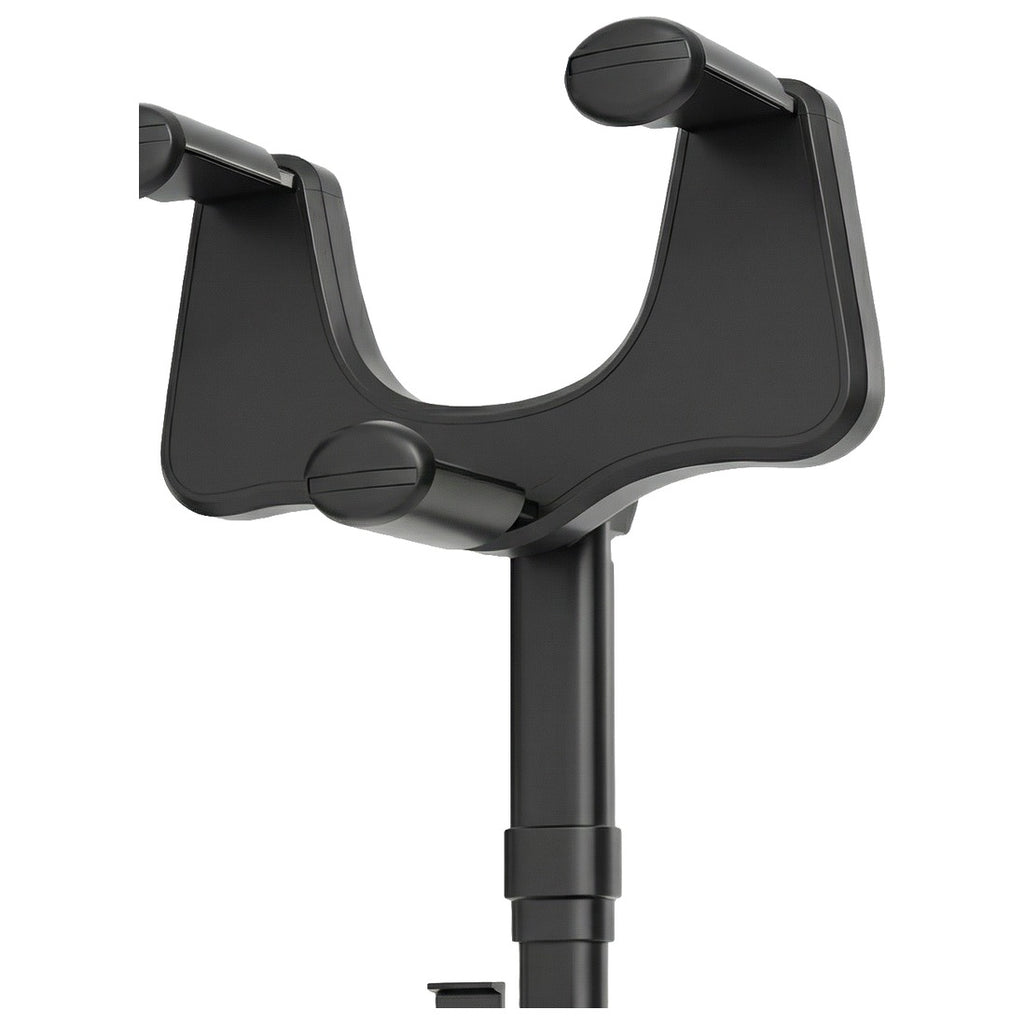 Suport auto negru pentru oglinda retrovizoare, cu brațul telescopic și clemele de telefon, pe fundal alb