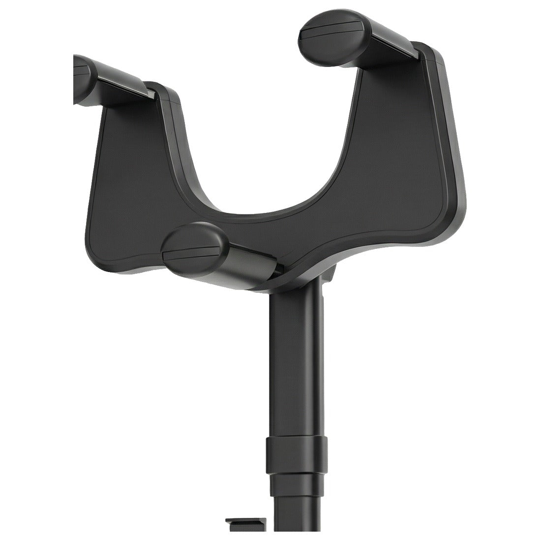 Suport auto negru pentru oglinda retrovizoare, cu brațul telescopic și clemele de telefon, pe fundal alb