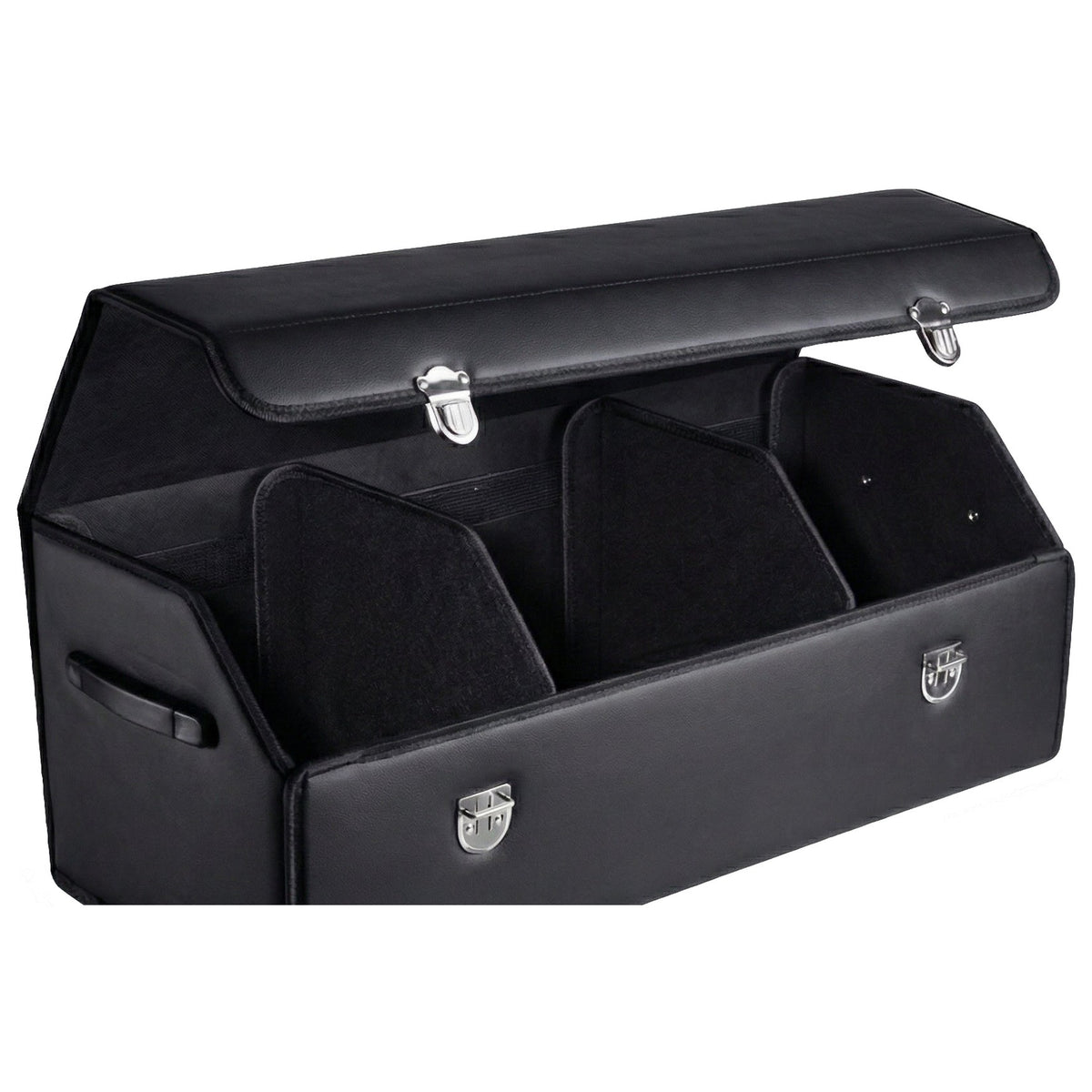 Organizator negru de portbagaj din piele ecologică, deschis, pe fundal alb