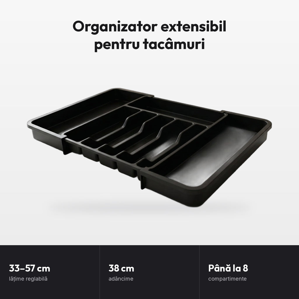 Organizator extensibil pentru tacâmuri: lățime reglabilă 33–57 cm, adâncime 38 cm, până la 8 compartimente
