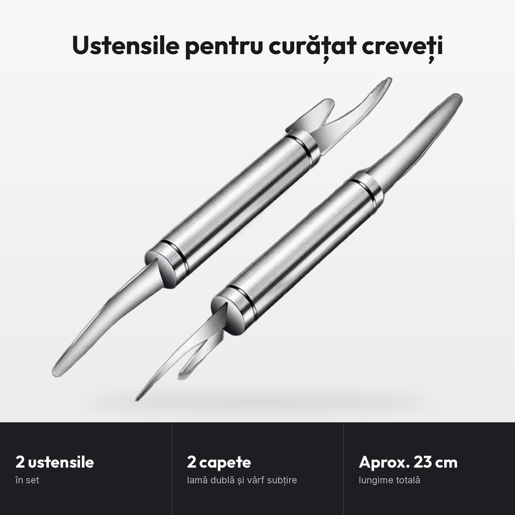 Ustensile pentru curățat creveți: 2 ustensile, în set; 2 capete, lamă dublă și vârf subțire; Aprox. 23 cm, lungime totală