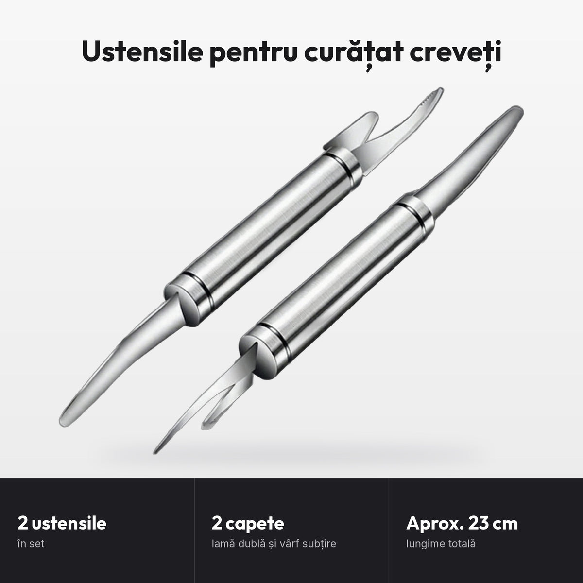 Ustensile pentru curățat creveți: 2 ustensile, în set; 2 capete, lamă dublă și vârf subțire; Aprox. 23 cm, lungime totală