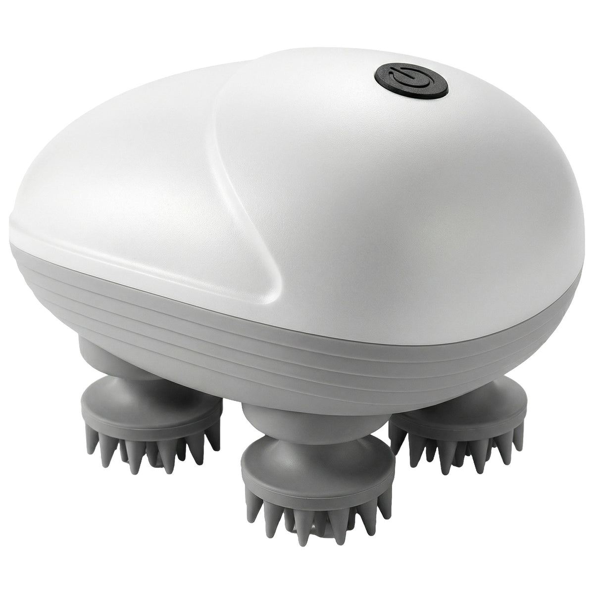 Aparat alb de masaj pentru scalp cu 4 capete gri din silicon, pe fundal alb