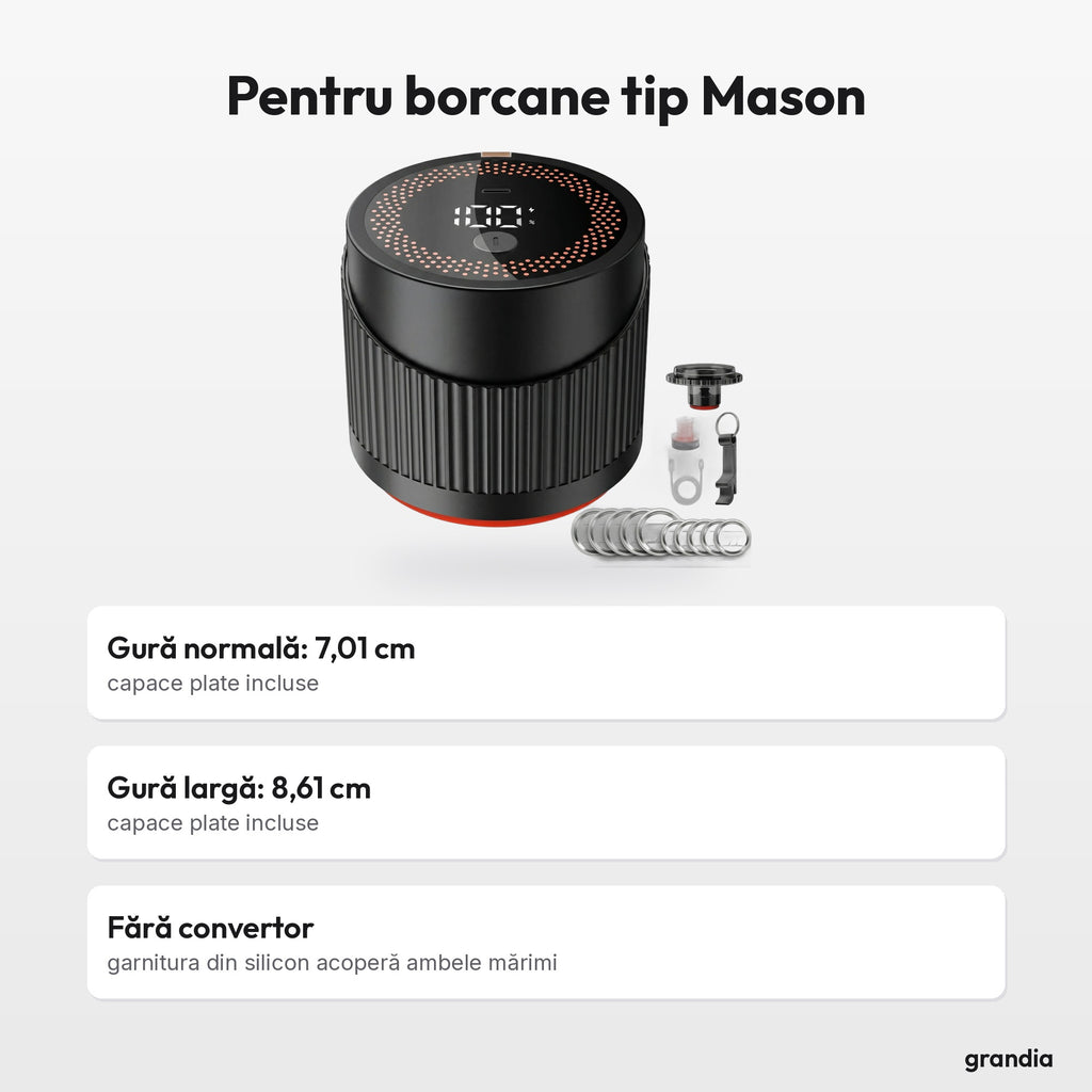 Pentru borcane tip Mason: Gură normală: 7,01 cm, capace plate incluse; Gură largă: 8,61 cm, capace plate incluse; Fără convertor, garnitura din silicon acoperă ambele mărimi