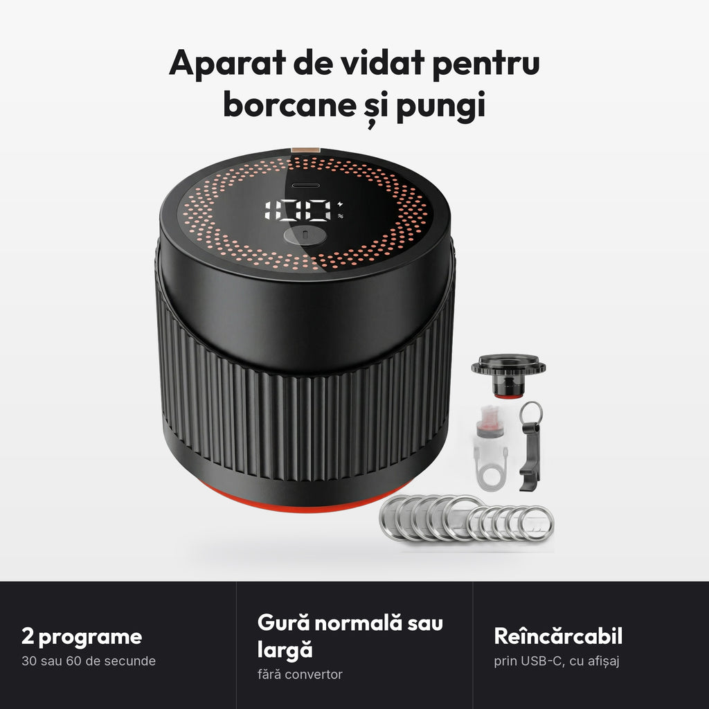Aparat de vidat pentru borcane și pungi: 2 programe de 30 sau 60 de secunde, pentru borcane cu gură normală sau largă fără convertor, reîncărcabil prin USB-C, cu afișaj