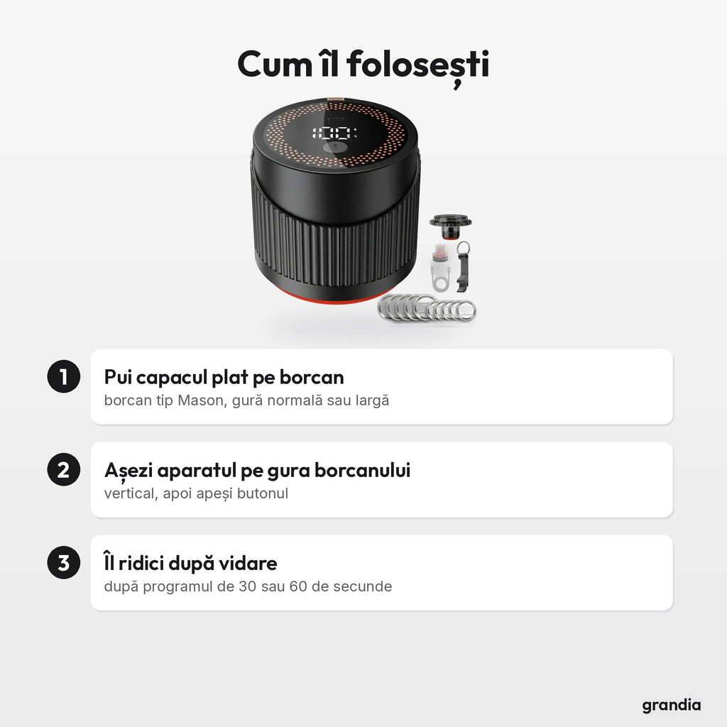 Cum folosești aparatul de vidat: pui capacul plat pe borcan, așezi aparatul vertical pe gura borcanului și apeși butonul, îl ridici după programul de 30 sau 60 de secunde