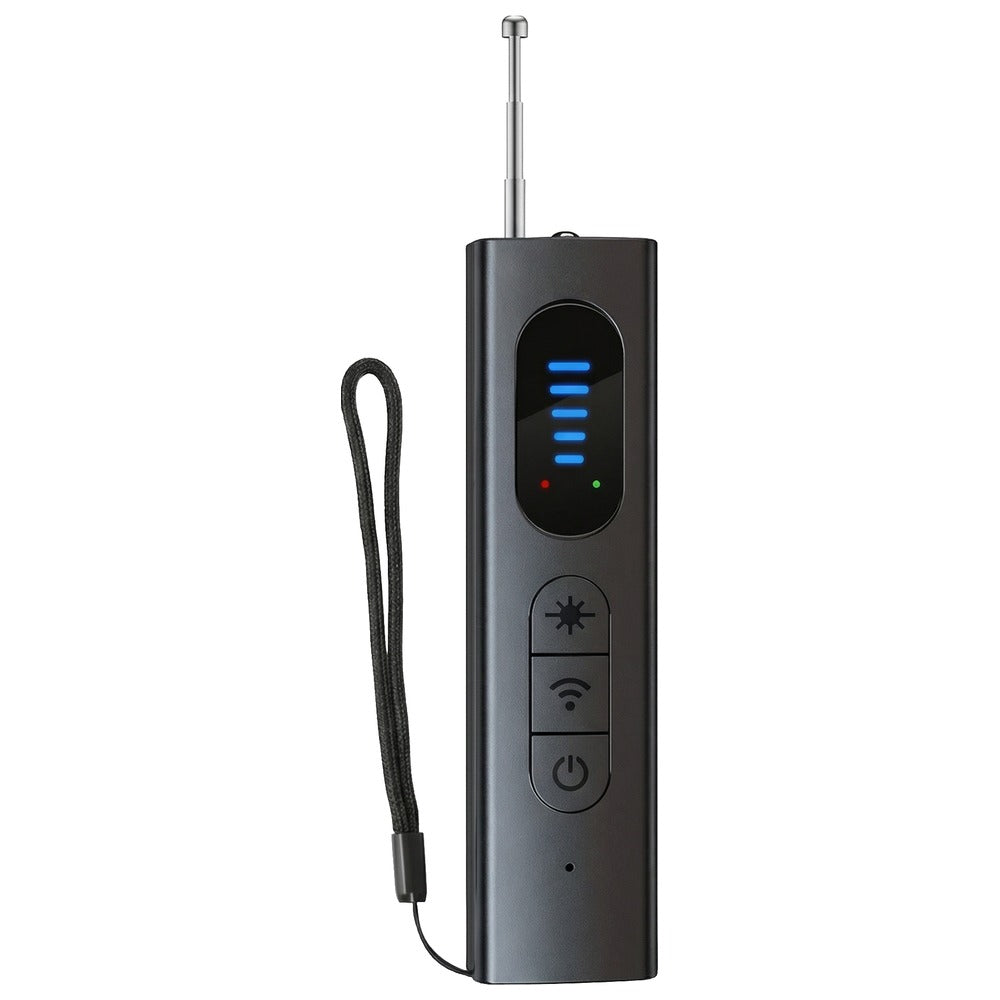 Detector de semnal negru, cu antena extinsă, bara de LED-uri și șnurul de mână, pe fundal alb