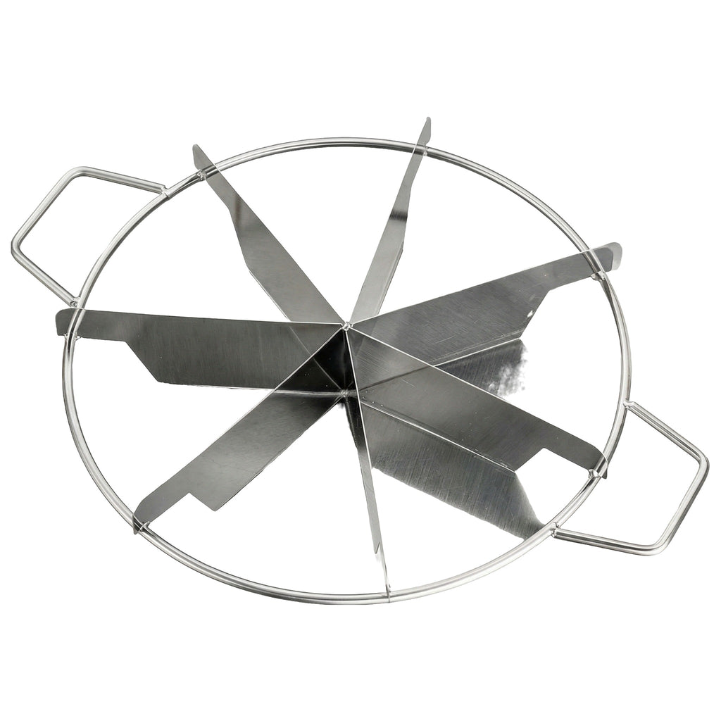 Divizor din inox pentru tort cu 8 lame și două mânere, pe fundal alb