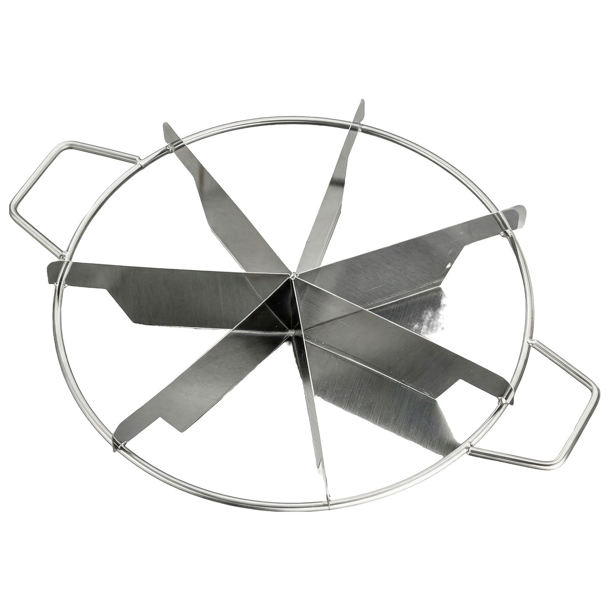 Divizor din inox pentru tort cu 8 lame și două mânere, pe fundal alb