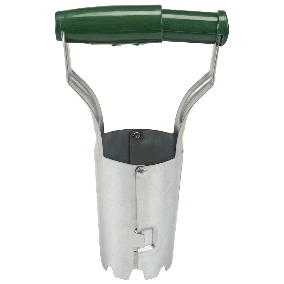 Plantator de bulbi din oțel cu mâner verde, cu cotele marcate: 127 mm lățime, 230 mm înălțime, 85 mm diametru